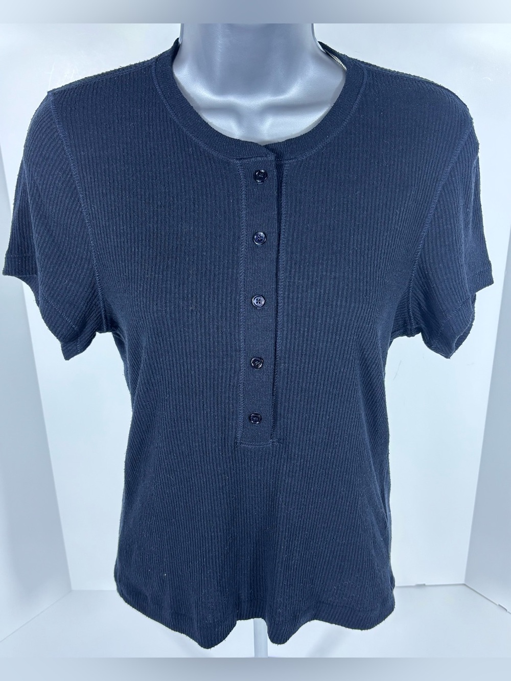 Doen Vienne Silk Tee Womens M Navy Ribbed Henley Japan Minimalist Luxury
